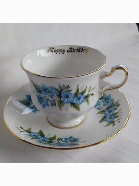 Queen Anne Floral "Happy Birthday" Tea Cup & Saucer